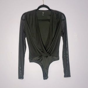 Windsor black plung neckline mesh longsleeve bodysuit